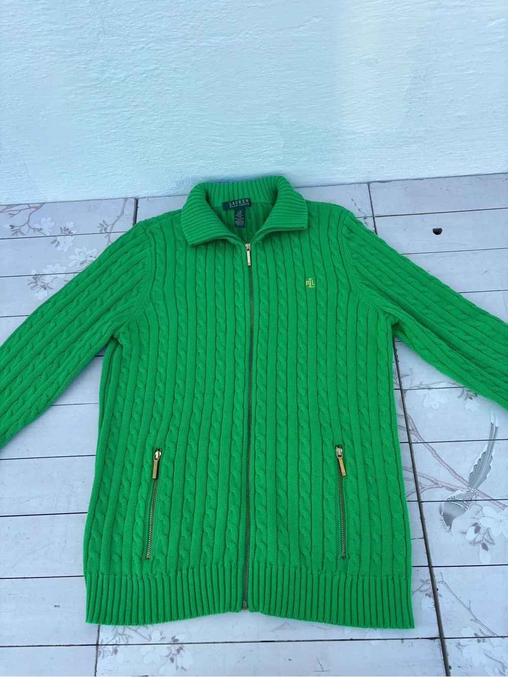 Ralph Lauren Bright Green Cable-Knit Zip Sweater - Picture 9 of 9